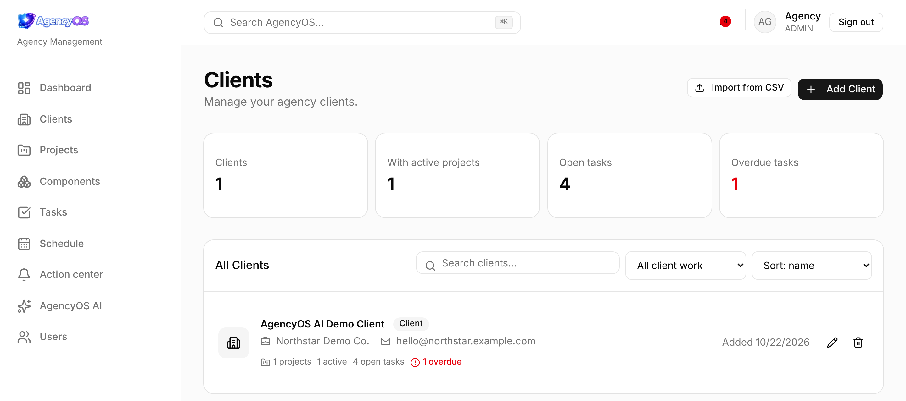 The AgencyOS client list, showing each client's projects, open tasks and overdue work