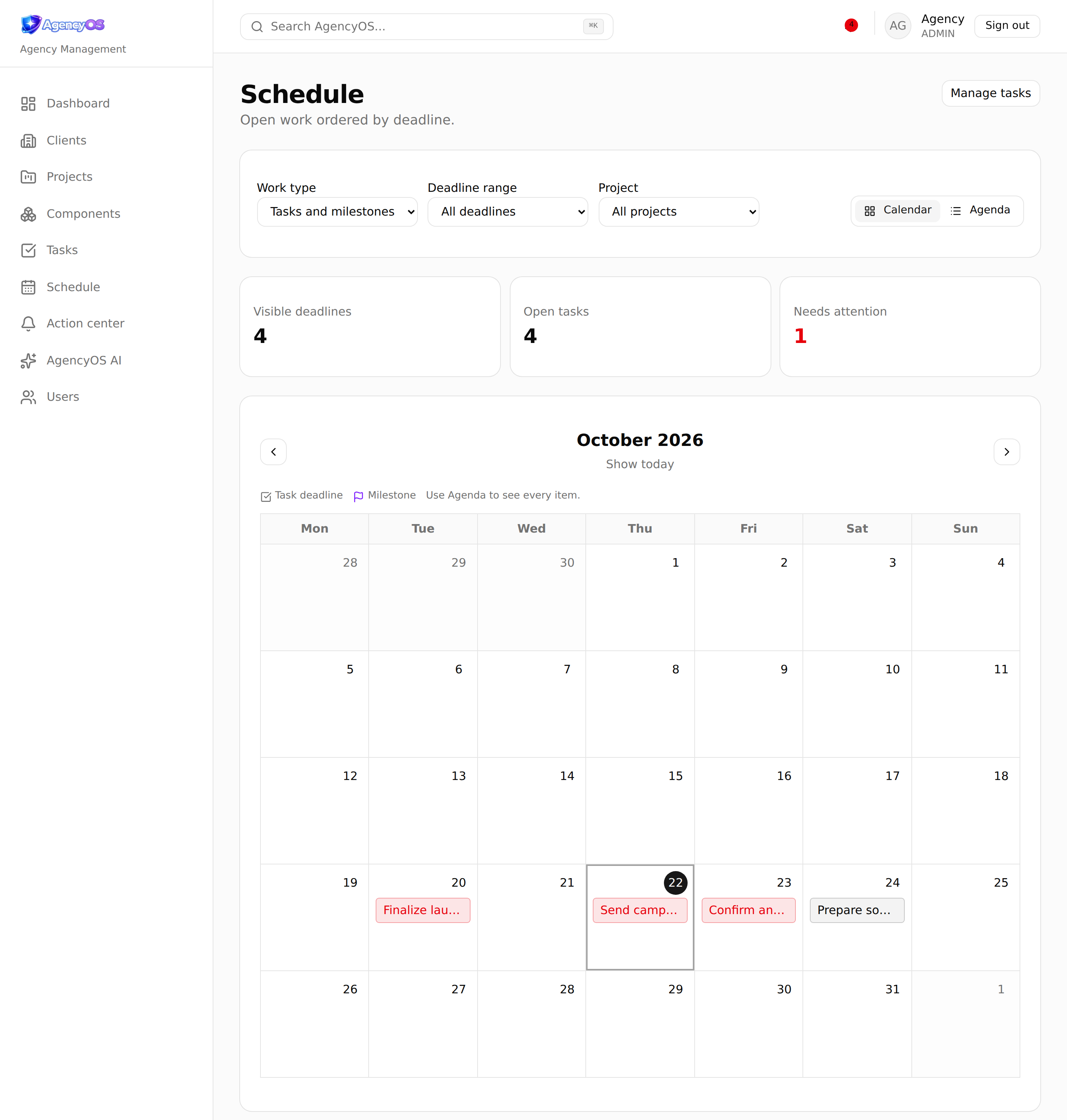 The AgencyOS schedule, showing a month of task deadlines with overdue work marked