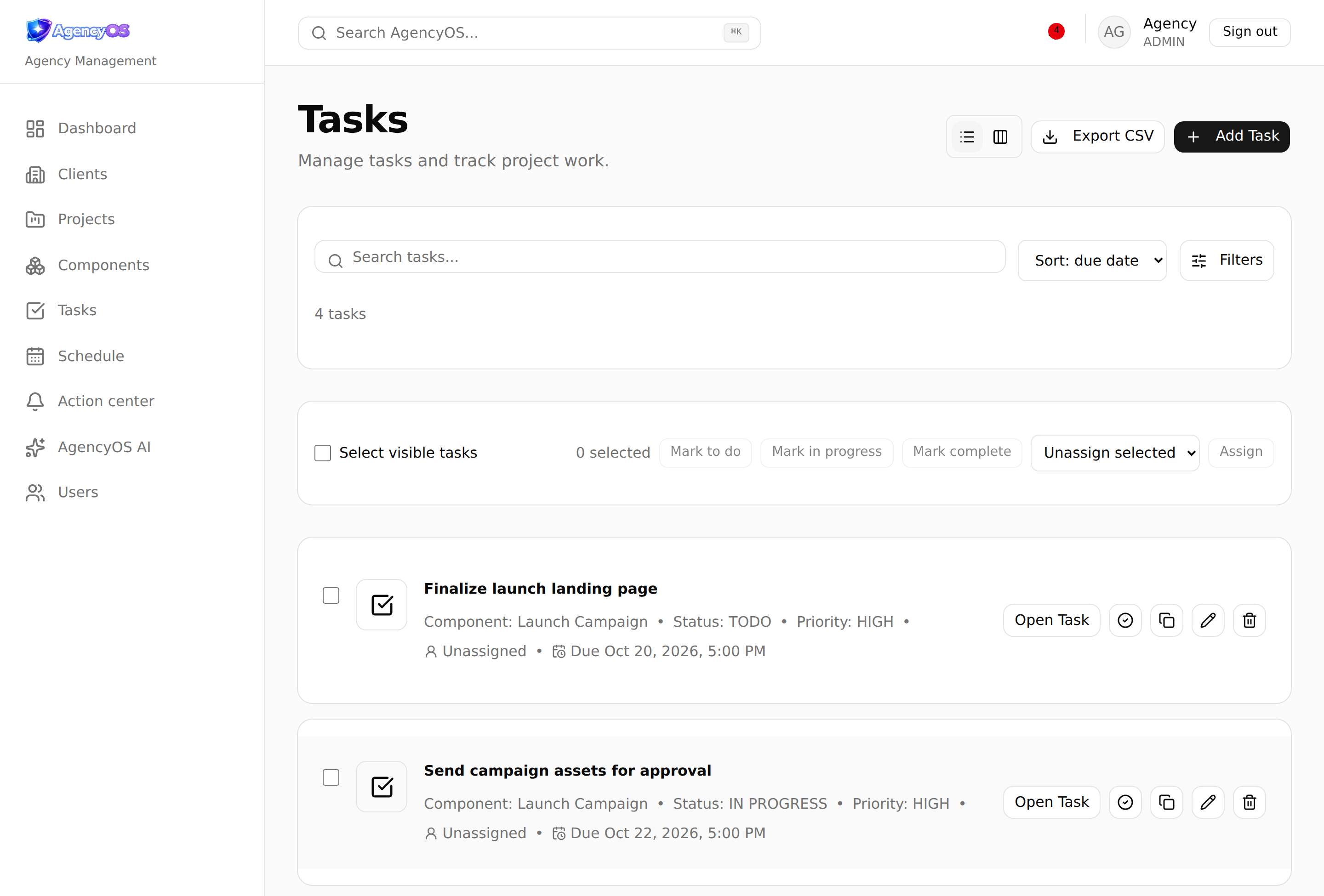 AgencyOS task management screen